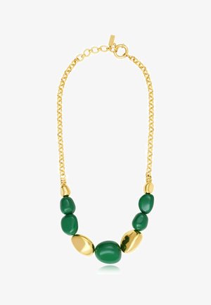 Collier chaîne en or avec des perles ovales lisses vertes et dorées brillantes alternées, avec un fermoir circulaire et des maillons réglables.