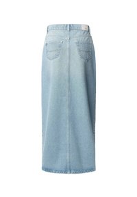 Svetlo modra jeans krilo s ravnim krojem, srednje dolžine, z dvema zadnjima žepoma in teksturiranim zaključkom. Brez vidnih dodatkov ali okrasitev.