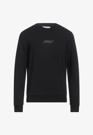 Felpa nera in cotone, con collo rotondo, maniche lunghe e un piccolo logo grigio sul petto. Texture liscia e design minimalista.