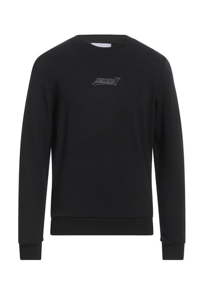 Felpa nera in cotone, con collo rotondo, maniche lunghe e un piccolo logo grigio sul petto. Texture liscia e design minimalista.