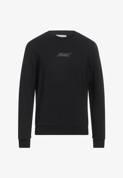 Felpa nera in cotone, con collo rotondo, maniche lunghe e un piccolo logo grigio sul petto. Texture liscia e design minimalista.