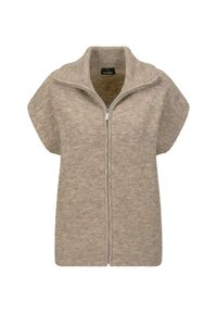 Beige kurzärmlige Strickweste mit durchgehendem Reißverschluss und hohem Kragen, aus geripptem Wollmischgewebe gefertigt.