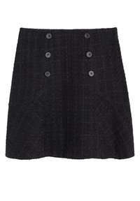 Jupe en tweed noir avec un design texturé. Caractéristiques de cinq grands boutons à l'avant et deux poches latérales. Silhouette en A, longueur mi-cuisse.