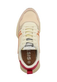 Tenisky s síťovaným svrškem v krémové barvě s oranžovými a růžovými akcenty. Polstrovaná stélka, zaoblená špička a poutko na patě. Velikost 42.