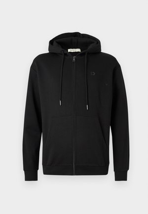 Black zip-up hoodie with front pockets, adjustable drawstring hood, and subtle logo on left chest against a plain white background.