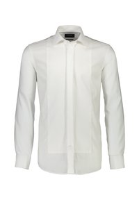 Camicia bianca a maniche lunghe con pannello testurizzato sul fronte, colletto classico e chiusura con bottoni. Tessuto liscio.