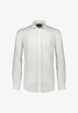 Witte langekleding overhemd met lange mouwen, voorzien van een textuurpaneel aan de voorkant, klassieke kraag en knopen-sluiting. Glad stoffen afwerking.