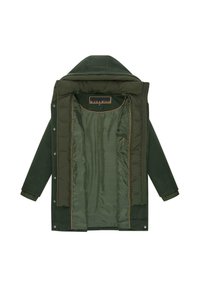 Veste d'extérieur verte avec un tissu texturé à l'extérieur et une doublure intérieure lisse et rembourrée. Présente des fermetures à pression et des finitions contrastantes.