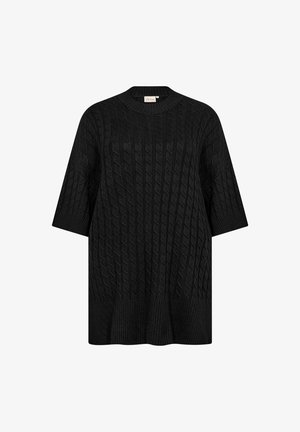 Melnā adīta džemperis ar apaļu kakla izgriezumu, īsām piedurknēm un brīvu piegriezumu. Teksturēts raksts piešķir dizainam dziļumu.