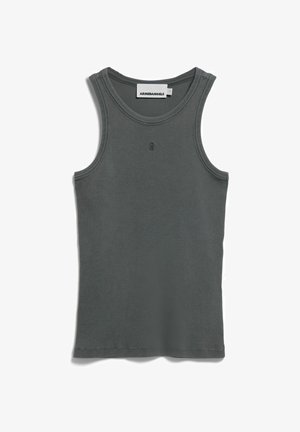Ärmelloses dunkelgraues geripptes Tanktop mit rundem Halsausschnitt und kleinem gesticktem Logo unter dem Ausschnitt, inneres Etikett mit der Aufschrift ARMEDANGELS.