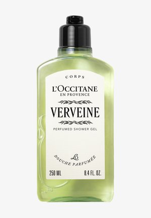 Bottiglia verde trasparente di gel doccia profumato L'Occitane Verveine con tappo nero, formato 250 ml ed etichetta bianca con testo nero.