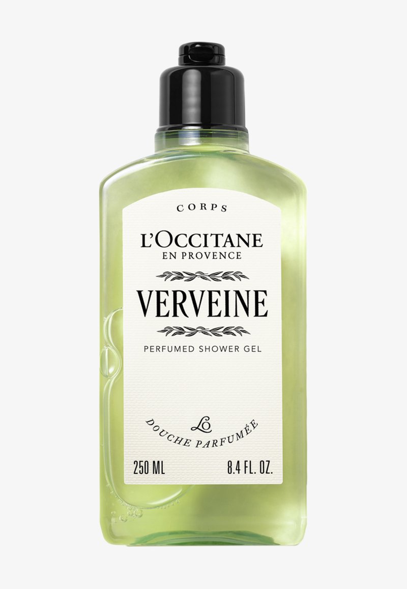 Clear green bottle of L'Occitane Verveine perfumed shower gel with black cap, 250 ml size and white label with black text.