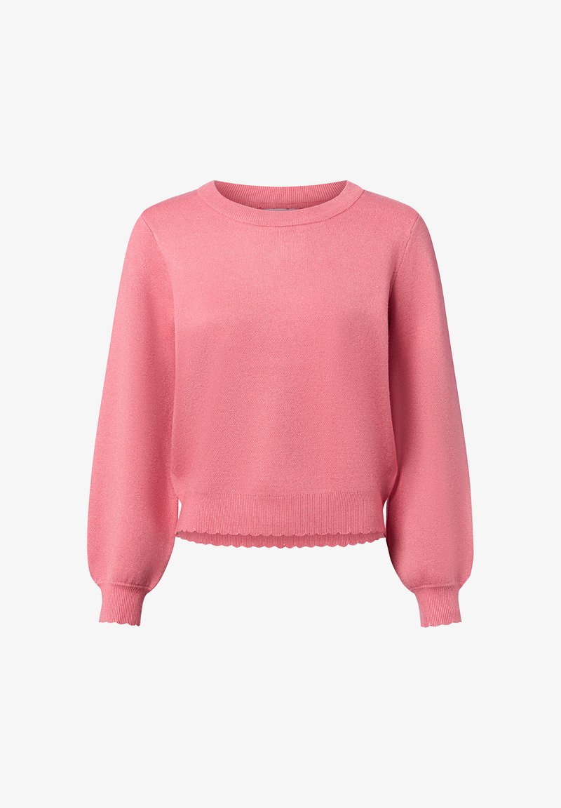 Różowy sweter z długim rękawem, wykonany na drutach, ze falbaniastymi krawędziami przy mankietach i u dołu, z okrągłym dekoltem i luźnym krojem.