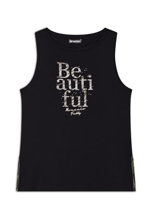 Canotta nera senza maniche con la scritta "Be" e "autiful" stampata in argento metallizzato. Presenta accenti in mimetica verde sui margini laterali. Tessuto morbido e casual.