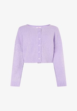 Lilac cropped cardigan made of textured knit fabric. Features a round neck and six matching buttons down the front. Long sleeves with ribbed cuffs.