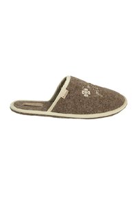 Brown felt slipper with an open back, cream trim, and embroidered flower detail. Soft texture and rounded toe design.