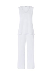 Completo bianco a due pezzi composto da un top senza maniche con scollo a V e pantaloni larghi a gamba larga. Realizzato in un tessuto leggero e testurizzato.