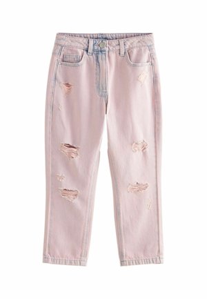 Lyserøde denimjeans med flere slidte huller, forlommer, bæltestropper og knaplukning i taljen.