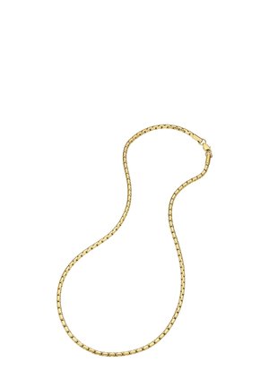 Guld halskæde med et glat, snoet design og en sikker lås. Leddene er fint teksturerede, hvilket reflekterer lyset.
