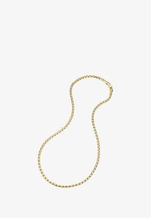 Collar de cadena de oro con un diseño suave y retorcido y un cierre seguro. Los eslabones tienen una textura fina que refleja la luz.