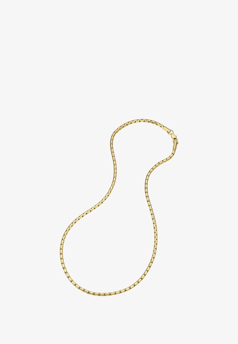 Zlate verižice z gladkim, zvitim dizajnom in varnim zapiranjem. Povezave so fino teksturirane, kar odbija svetlobo.
