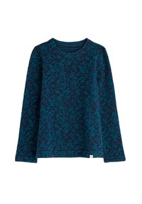 Dolga majica temno modre barve s teal motivom listov. Ima okroglo izrez in rahlo teksturirano tkanino. Ohlapen kroj in udobna zasnova.