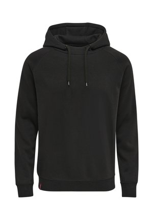 Czarna bluza z kapturem typu pulower z długimi rękawami, przednią kieszenią kangurzą, kapturem z troczkiem oraz ściągaczami na rękawach i u dołu.