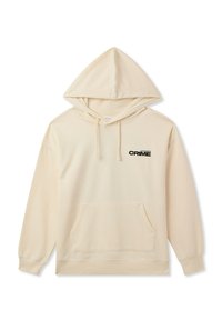 Kremowy hoodie z kieszenią kangurką, kapturem ze sznurkiem i kontrastowym czarnym napisem "CRIME" na lewej klatce piersiowej.