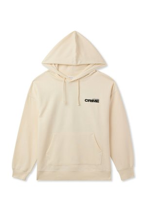 Kremowy hoodie z kieszenią kangurką, kapturem ze sznurkiem i kontrastowym czarnym napisem "CRIME" na lewej klatce piersiowej.