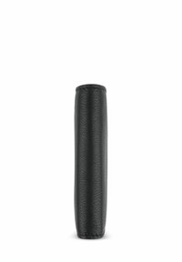 Black leather cylindrical holder with a textured surface and stitched edges, designed for carrying or storing items securely.