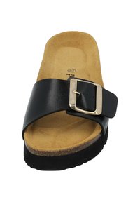 Schwarze Ledersandale mit einem breiten Riemen und einer Metallschnalle, einer gepolsterten Innensohle und einer strukturierten Gummisohle. Größe 37.