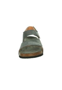 Gray leather sandal with two adjustable straps, a cork footbed, and a textured rubber sole. Rounded toe and minimalist design.