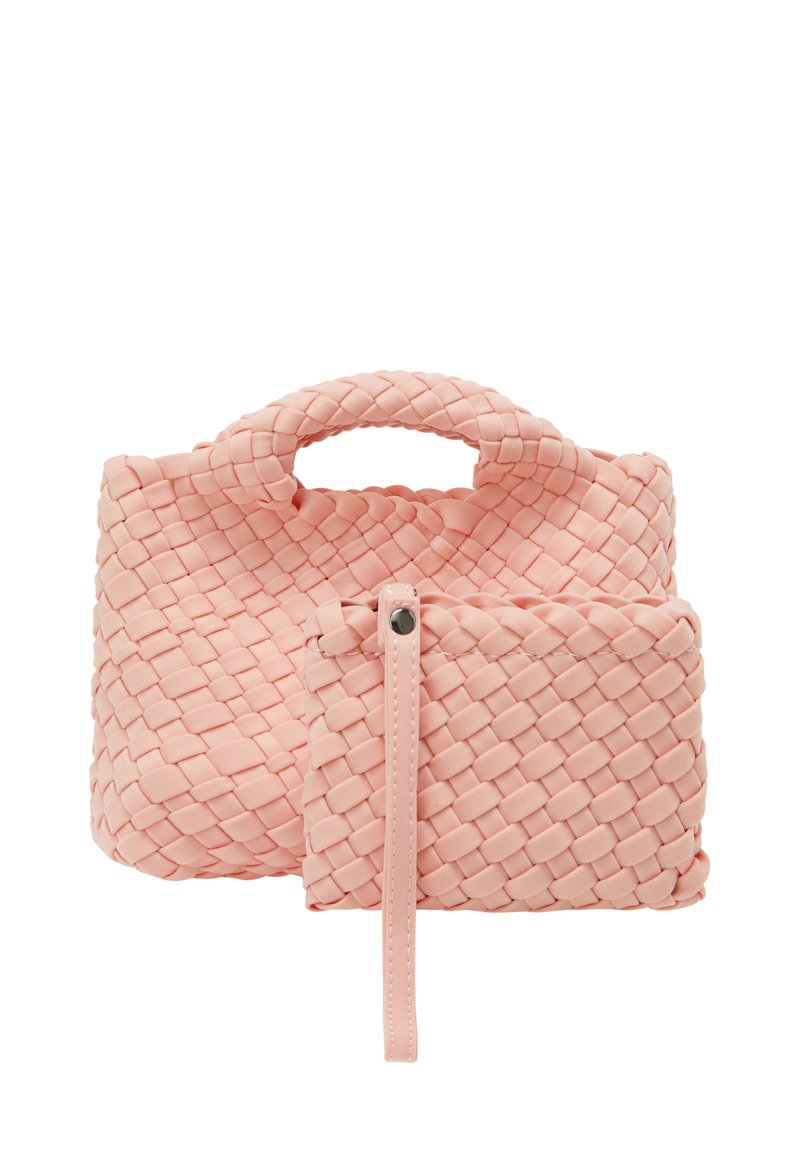 Borsa a tracolla rosa intrecciata con manico arrotondato e pochette con zip removibile. Superficie testurizzata con un motivo di tessitura uniforme. Design compatto e strutturato.