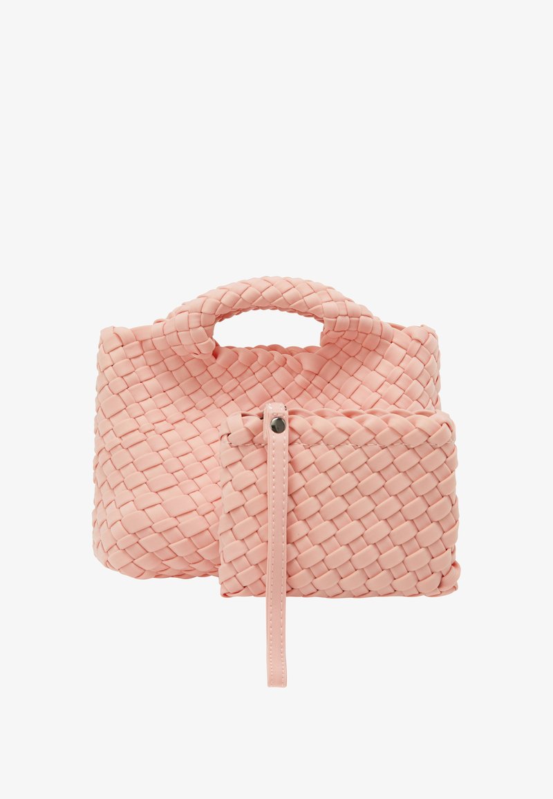 Szőtt rózsaszín táska kerek fogantyúval és levehető cipzáras tasakkal. Texturált felület egységes szövésmintával. Kompakt és letisztult kialakítás.