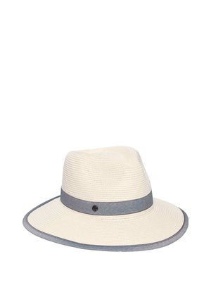 White wide-brimmed straw hat with gray trim around the brim and a gray band featuring a small black circular emblem.