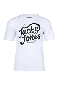Camiseta de algodón blanca con un diseño gráfico negro que incluye el texto "Jack & Jones" y "Nineteen Ninety" en varias tipografías. Mangas cortas.