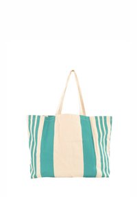 Borsa tote in cotone con strisce verticali turchesi e crema, design spazioso e due manici robusti per un facile trasporto.