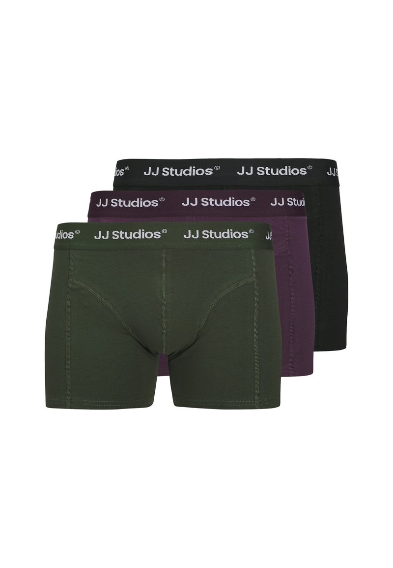 Three pairs of boxer briefs in green, purple, and black, featuring a JJ Studios logo waistband and a soft, stretchable fabric.