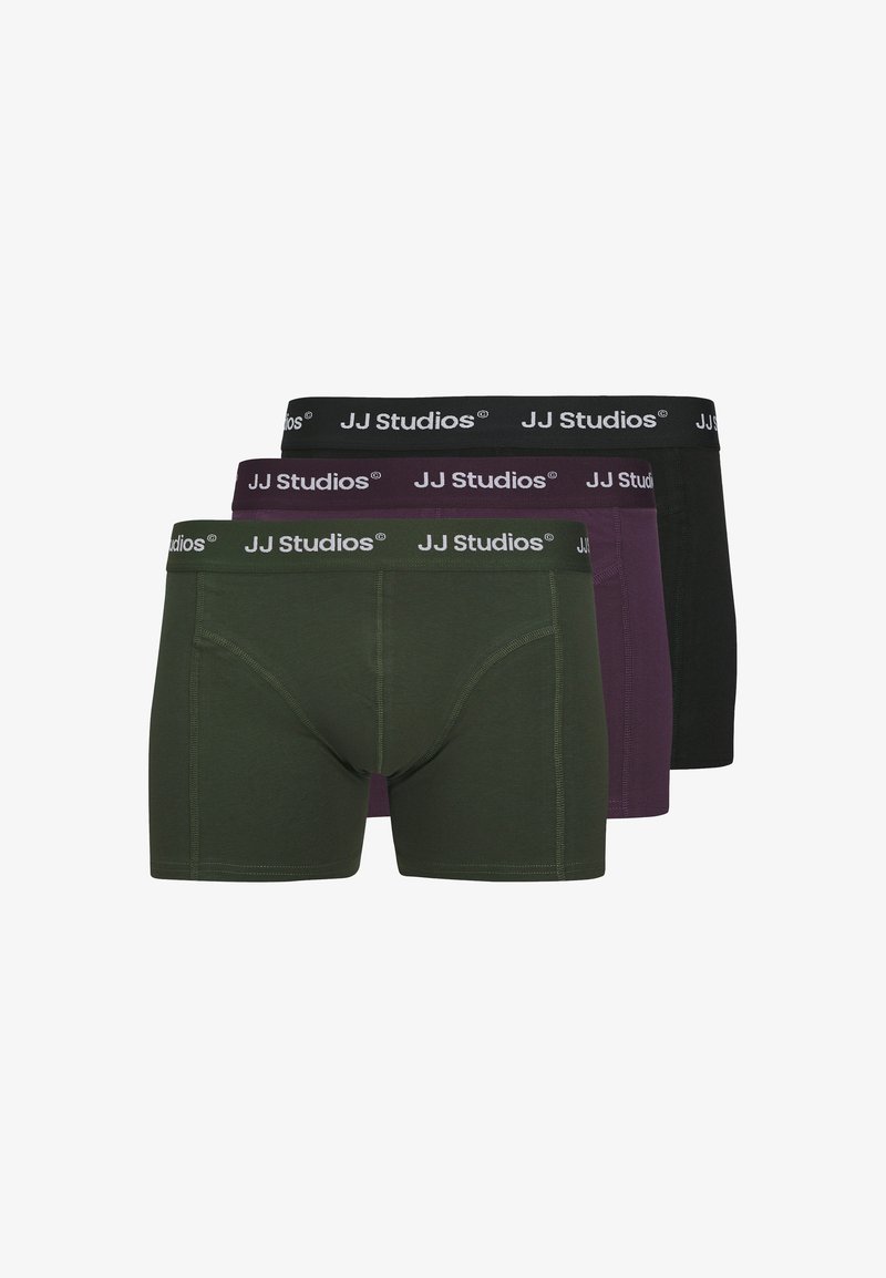 Three pairs of boxer briefs in green, purple, and black, featuring a JJ Studios logo waistband and a soft, stretchable fabric.