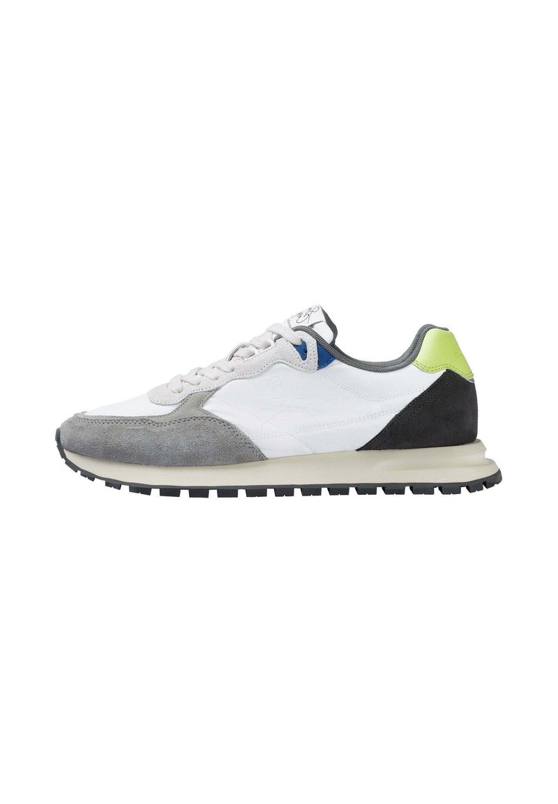 Men's sneaker with a white mesh upper, gray suede accents, and a black rubber sole. Features blue and neon green details on the heel.