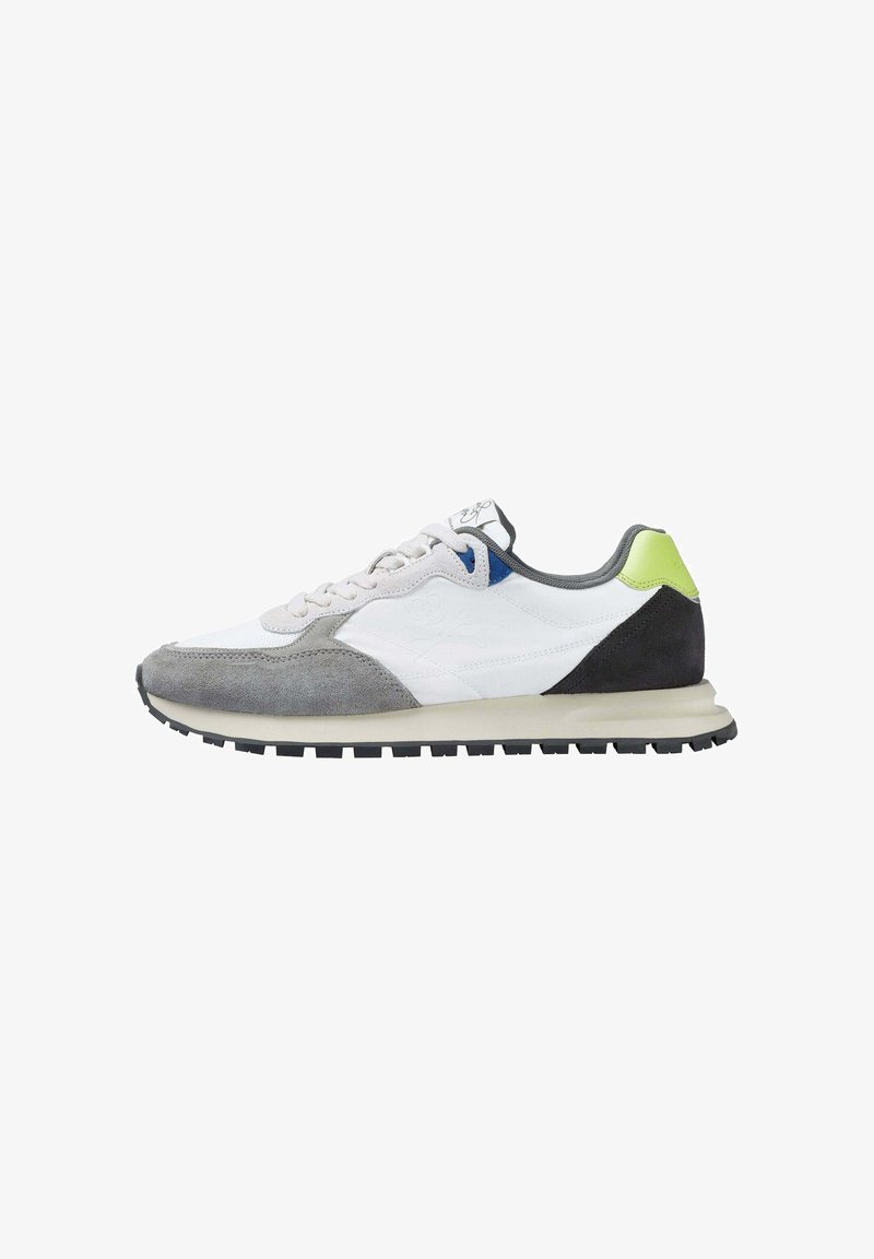 Men's sneaker with a white mesh upper, gray suede accents, and a black rubber sole. Features blue and neon green details on the heel.