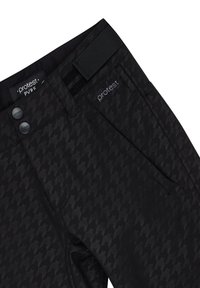Schwarze Skihose mit Hahnentrittmuster, elastischem Bund, zwei Knopfverschlüssen und Taschen. Das Material hat eine glatte Textur.