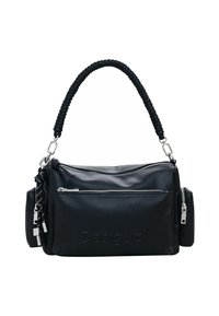 Zwarte leren handtas met een gestructureerd oppervlak, twee ritsvakjes, een gevlochten hengsel en een debossed logo op de zijkant.