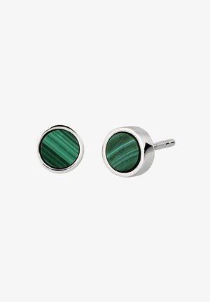 Boucles d'oreilles clous en malachite avec un motif à rayures vertes, montées sur métal argenté. Forme ronde avec une finition polie, présentant une texture lisse.