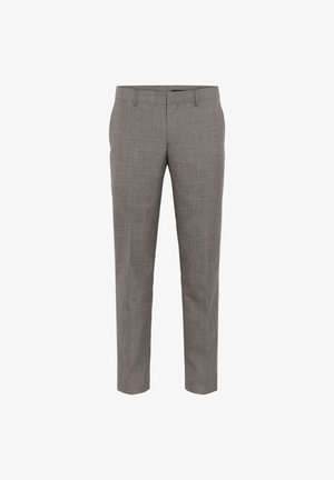 Pantaloni gri, croiți, dintr-un material texturat, cu o croială slim fit, buzunare laterale și un design plat în față.