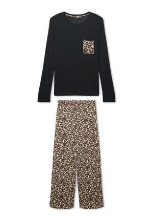 Top nero a maniche lunghe con dettaglio della tasca a stampa leopardata abbinato a pantaloni a gamba larga con stampa leopardata coordinata.