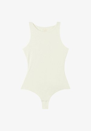 Weißer Bodysuit aus weichem Material, mit rundem Ausschnitt, ärmellosem Design und einem Tanga-Boden mit Druckknopfverschluss.