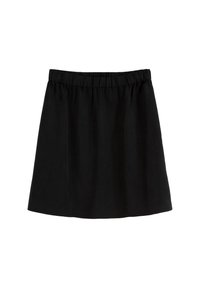 Schwarze Rock mit elastischem Bund, der eine einfache, gerade Silhouette und eine glatte Textur aufweist, entworfen für einen komfortablen Sitz.