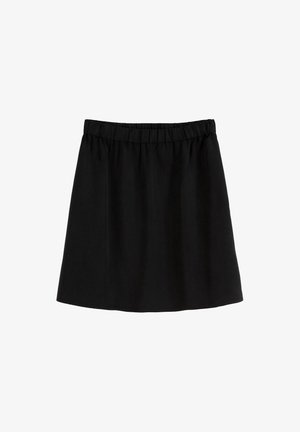 Schwarze Rock mit elastischem Bund, der eine einfache, gerade Silhouette und eine glatte Textur aufweist, entworfen für einen komfortablen Sitz.