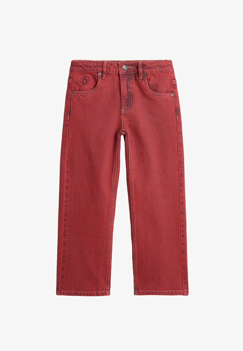 Pantaloni din denim roșu, cu croială largă, având închidere cu fermoar și nasture, design cu cinci buzunare și detalii contrastante de cusături.